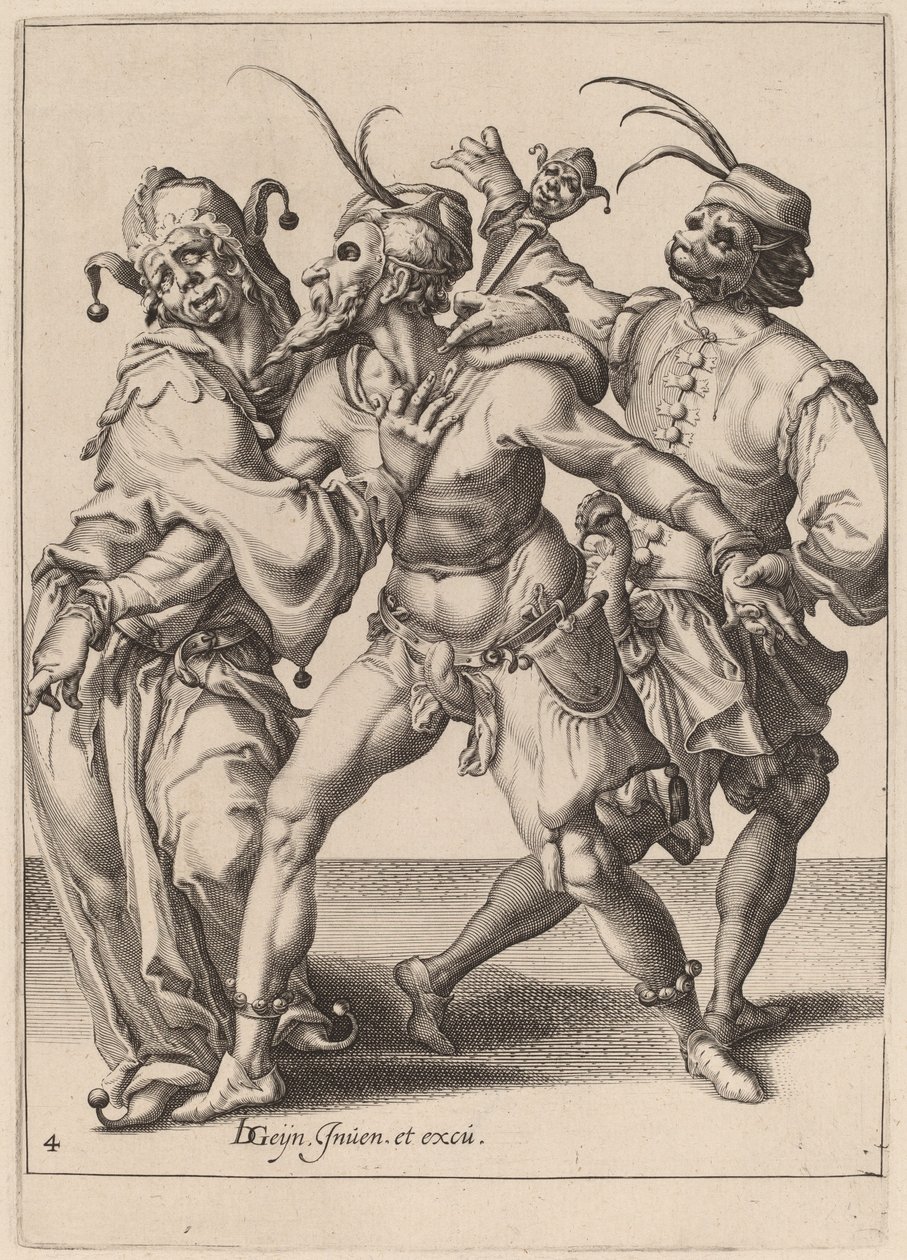 Three Dancing Mummers, Including a Jester by Zacharias Dolendo after Jacques de Gheyn II