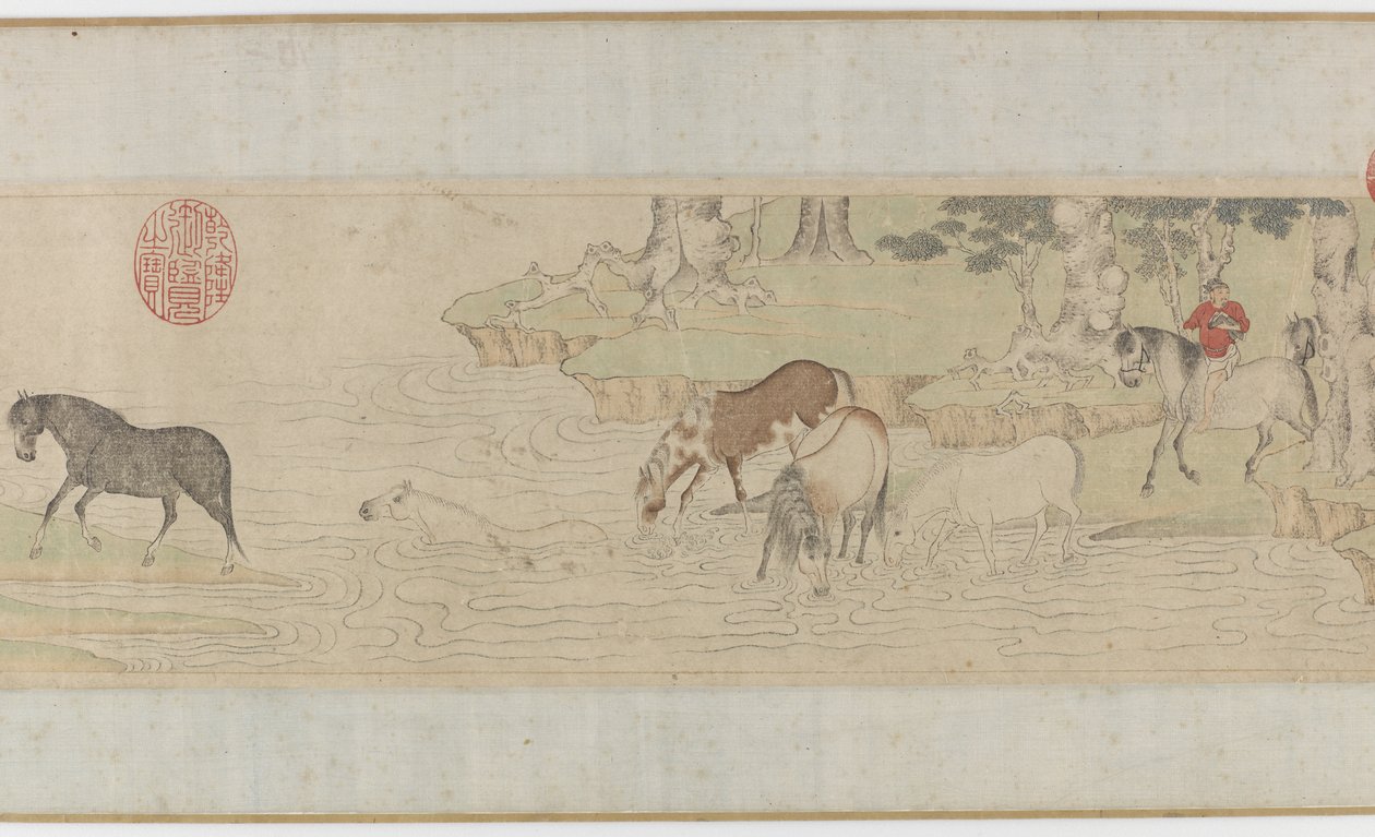 Horses and Grooms Crossing a River, Yuan or Early Ming Dynasty, 14th Century by Zhao Mengfu Chao Meng Fu or