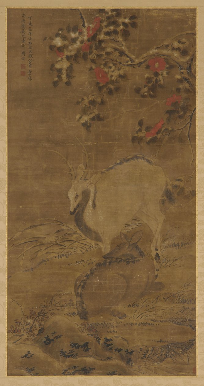 A Stag, a Doe, and Red Camellias in Snow by Zhou Yuan