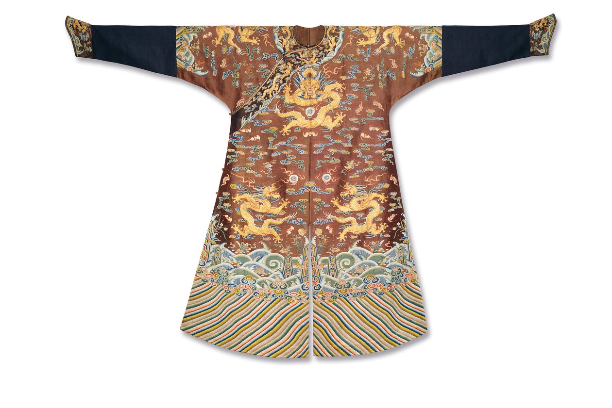 Imperial chestnut embroidered gauze dragon robe, Mangpao, Qianlong Period by Zong Fengying