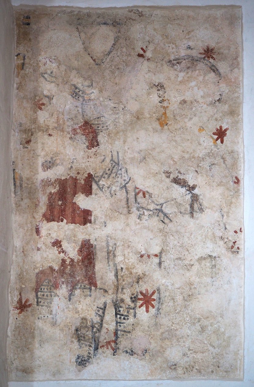 Burgundy, Lancharre, commune of Chapaize 71460. In the church Notre Dame, mural painting. Two knights in chain mail by . .