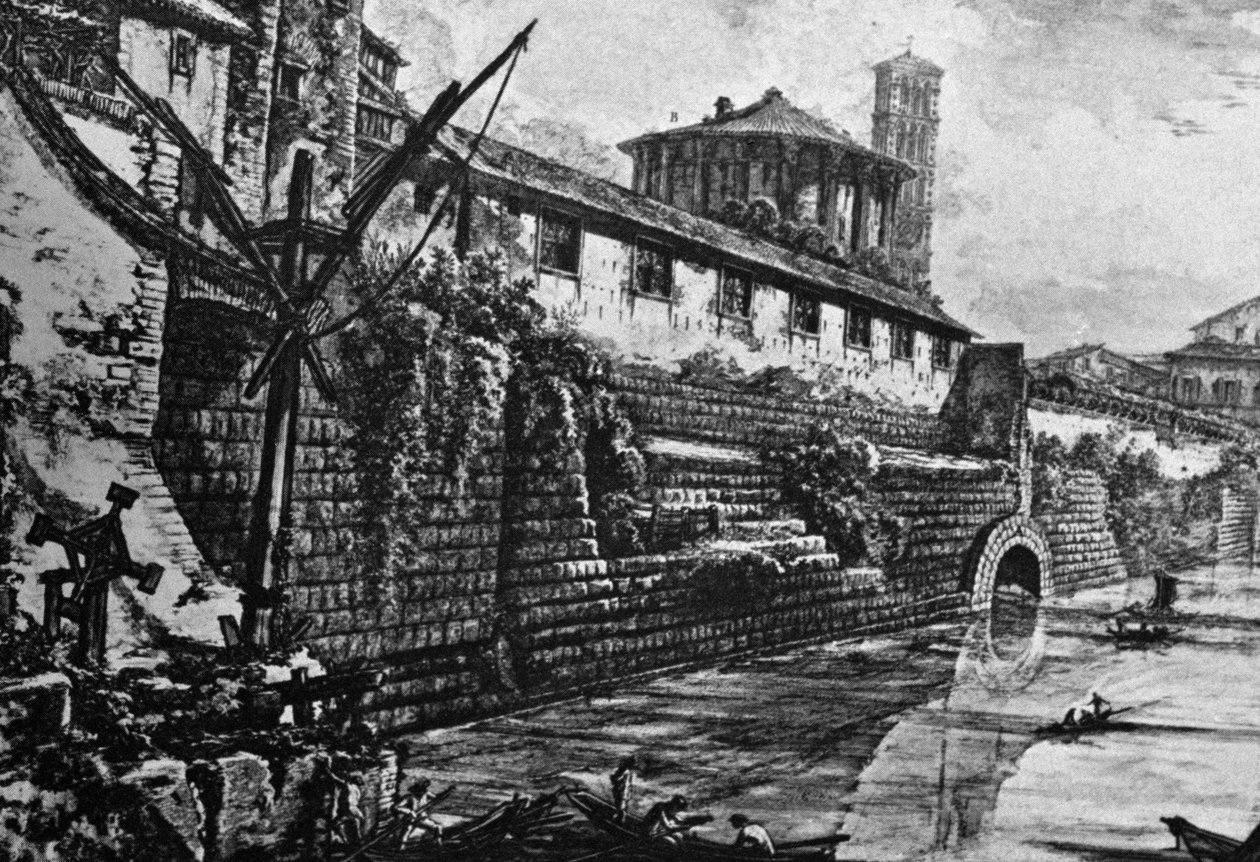 Cloaca Maxima (ancient sewage system) and Temple of Vesta or Hercules Victor, engraving by Giovanni Battista Piranesi, Italy by William Walcutt