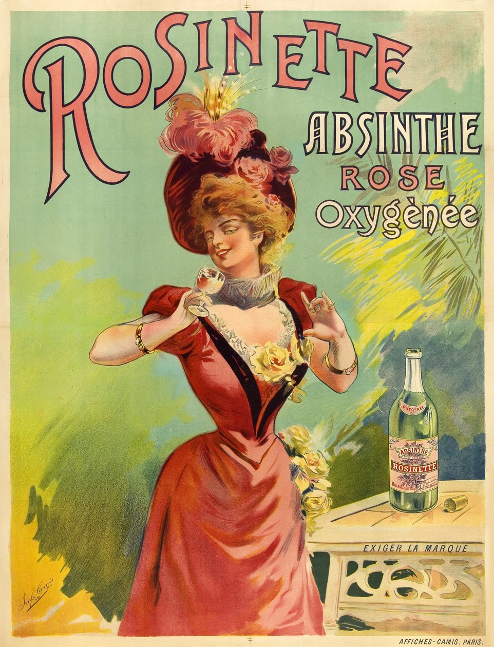 Elegant woman dressed in Belle Epoque fashion tasting a glass of absinthe by Frederick (attr. to) Barnard