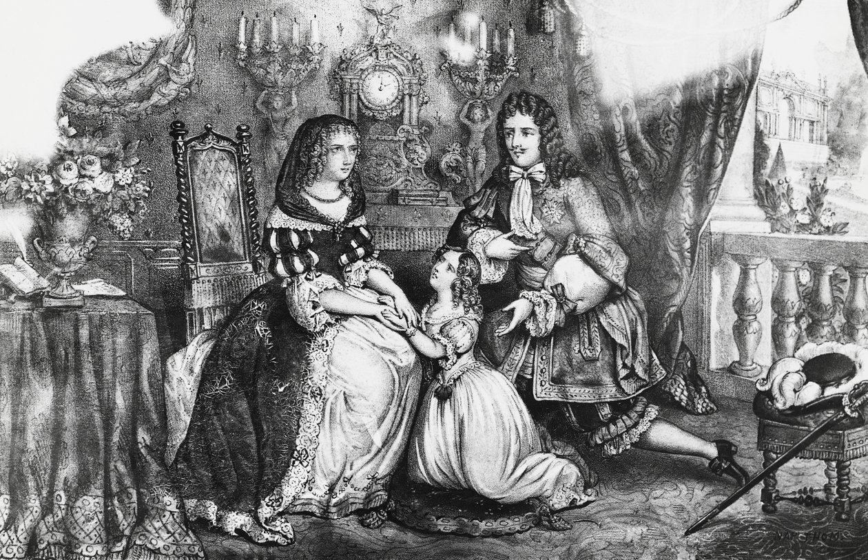 King Louis XIV and his daughter begging the Duchess Louise de La Valliere not to retreat into the convent by Georg Carl Heinrich Dollmann