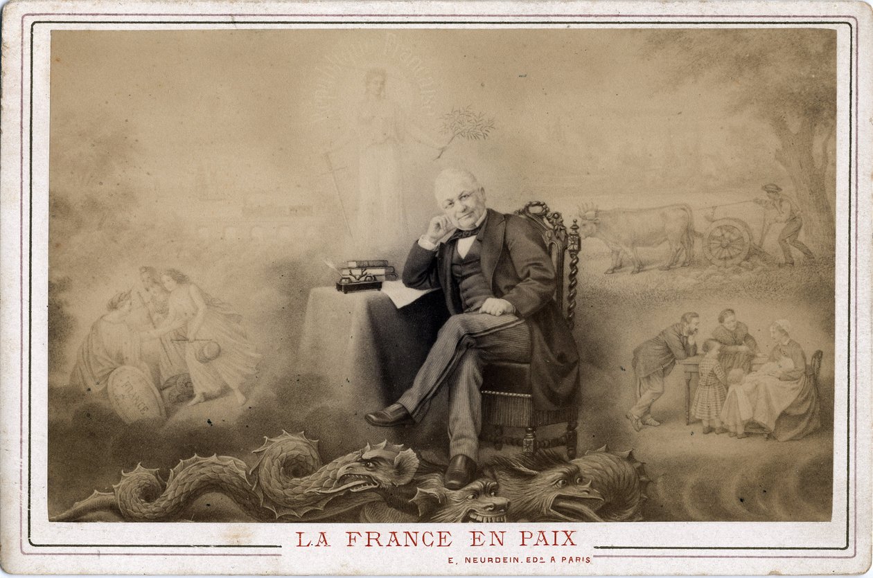 Paris Commune: France in Peace Portrait of Louis Adolphe Thiers (1797-1877) Sitting on the Dragon Probable Symbol of the Commune by Frederick (attr. to) Barnard