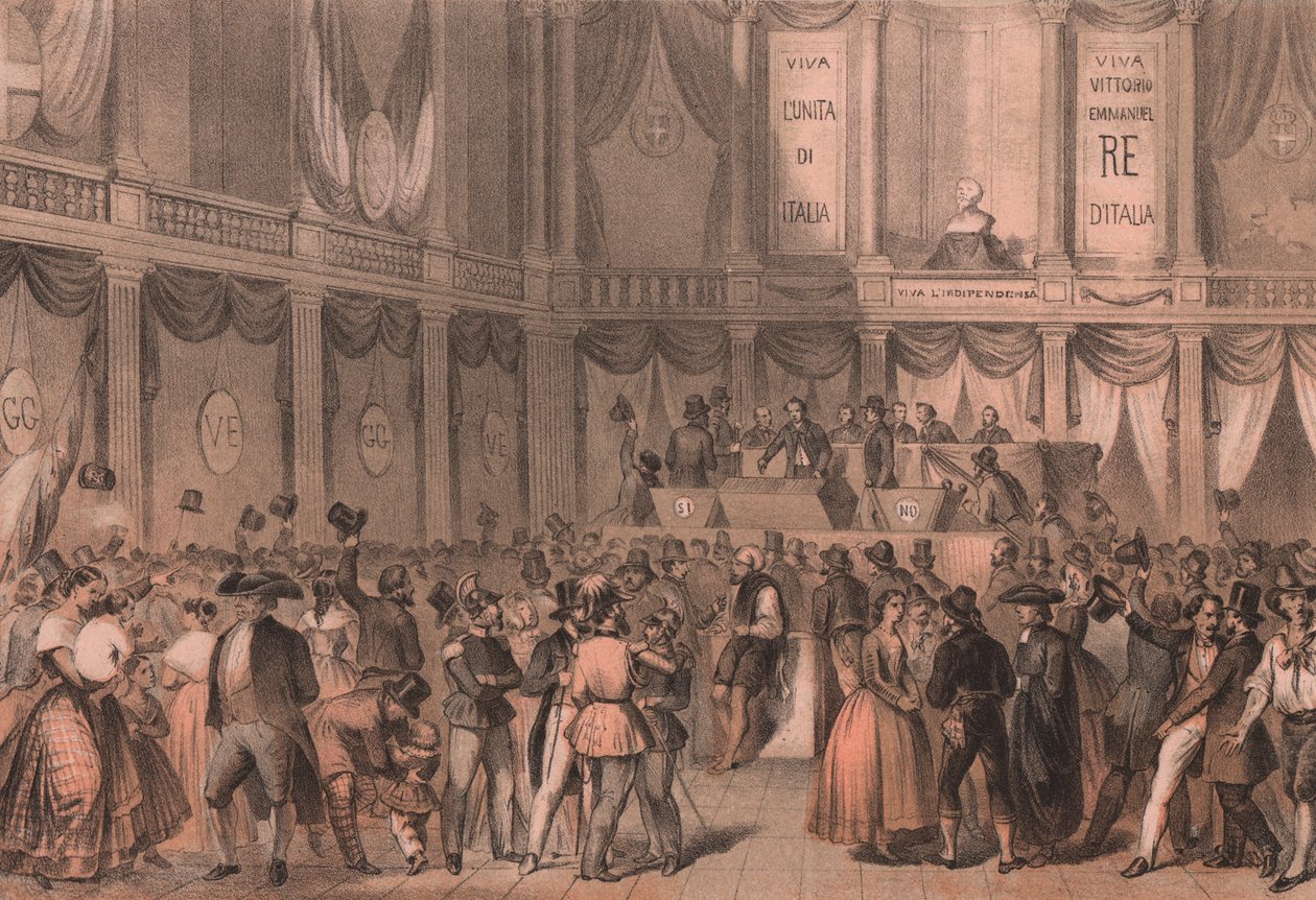 Plebiscite for annexation to Italy, hall of University of Naples, Campania, Italian Risorgimento, lithograph by Carlo Perrin from drawing by Carlo Bossoli by William Walcutt