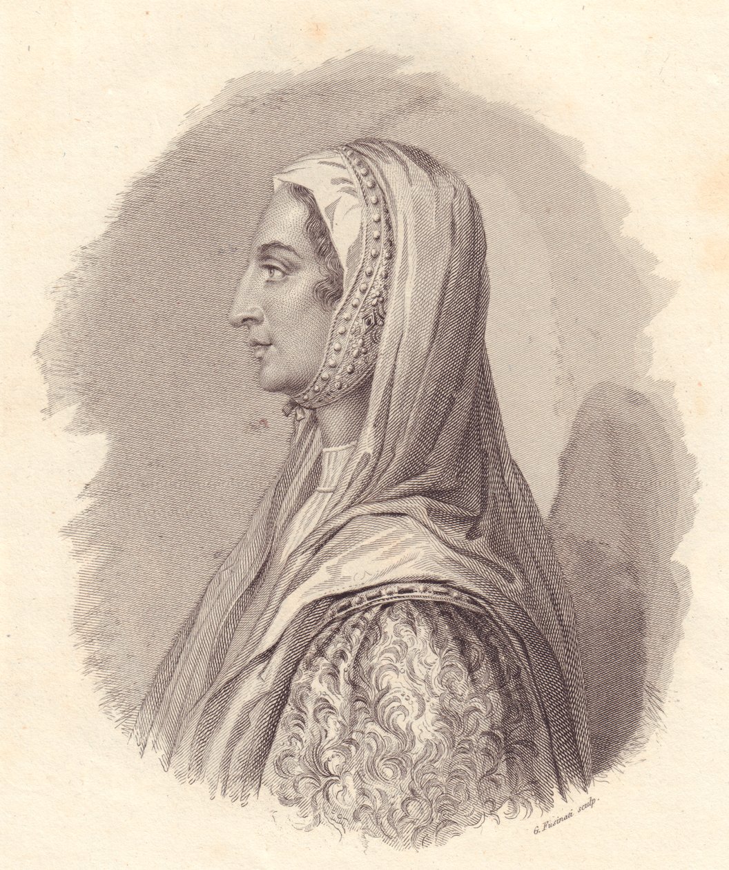 Portrait of Italian noblewoman Beatrice Lascaris di Tenda (1372-1418), copper engraving by G Fusinati from portrait published by Antonio Campo by William Walcutt