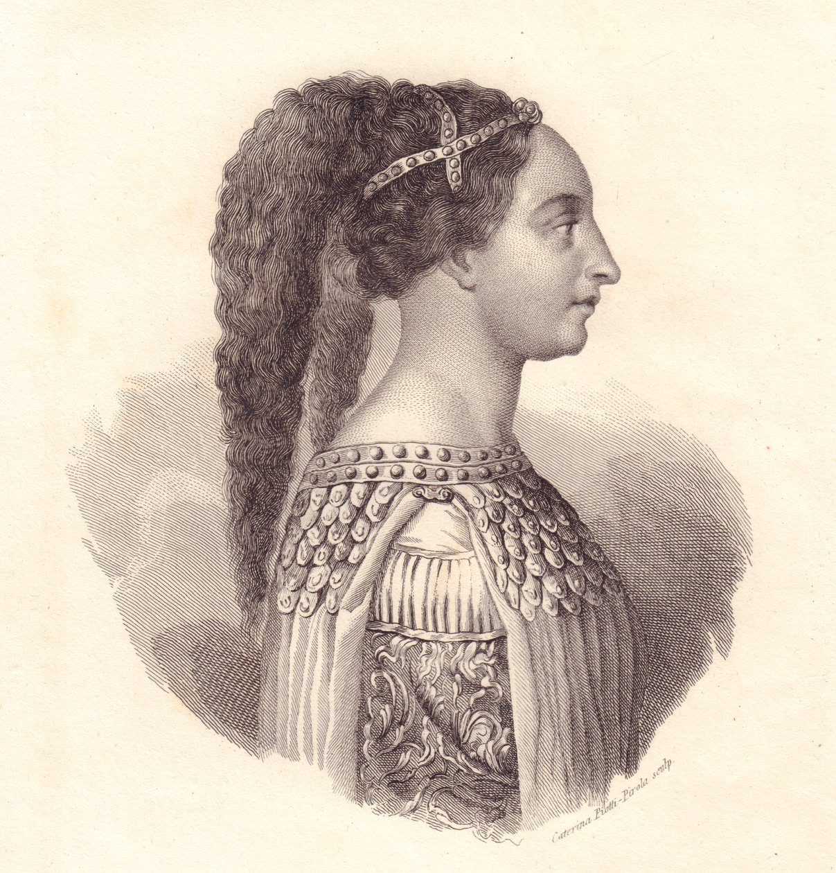 Portrait of Italian noblewoman Isotta degli Atti (circa 1432-1474), copper engraving by Caterina Piotti-Pirola by William Walcutt