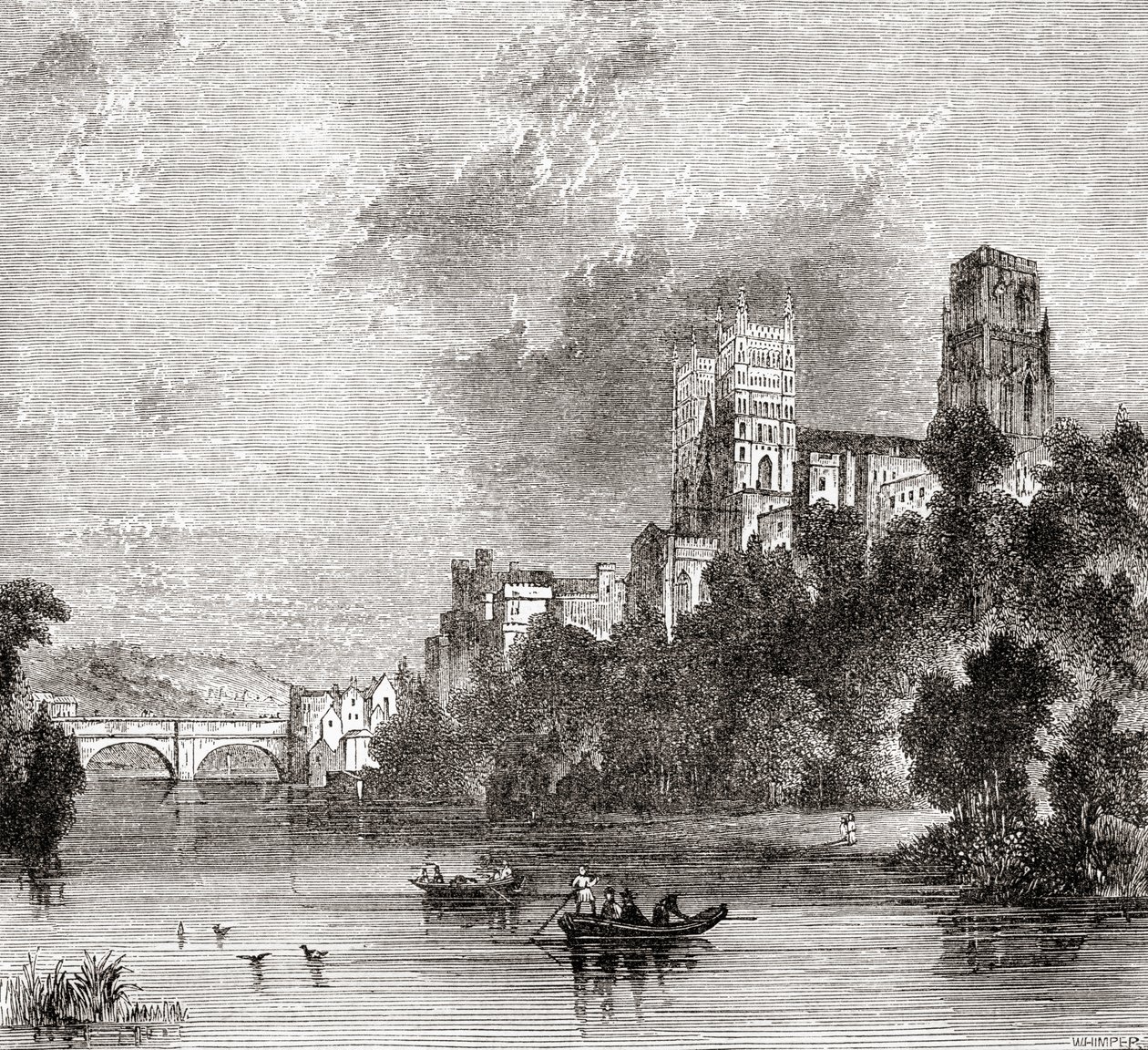 View of Durham and the Cathedral, seen from the River Wear, Durham, England by . .