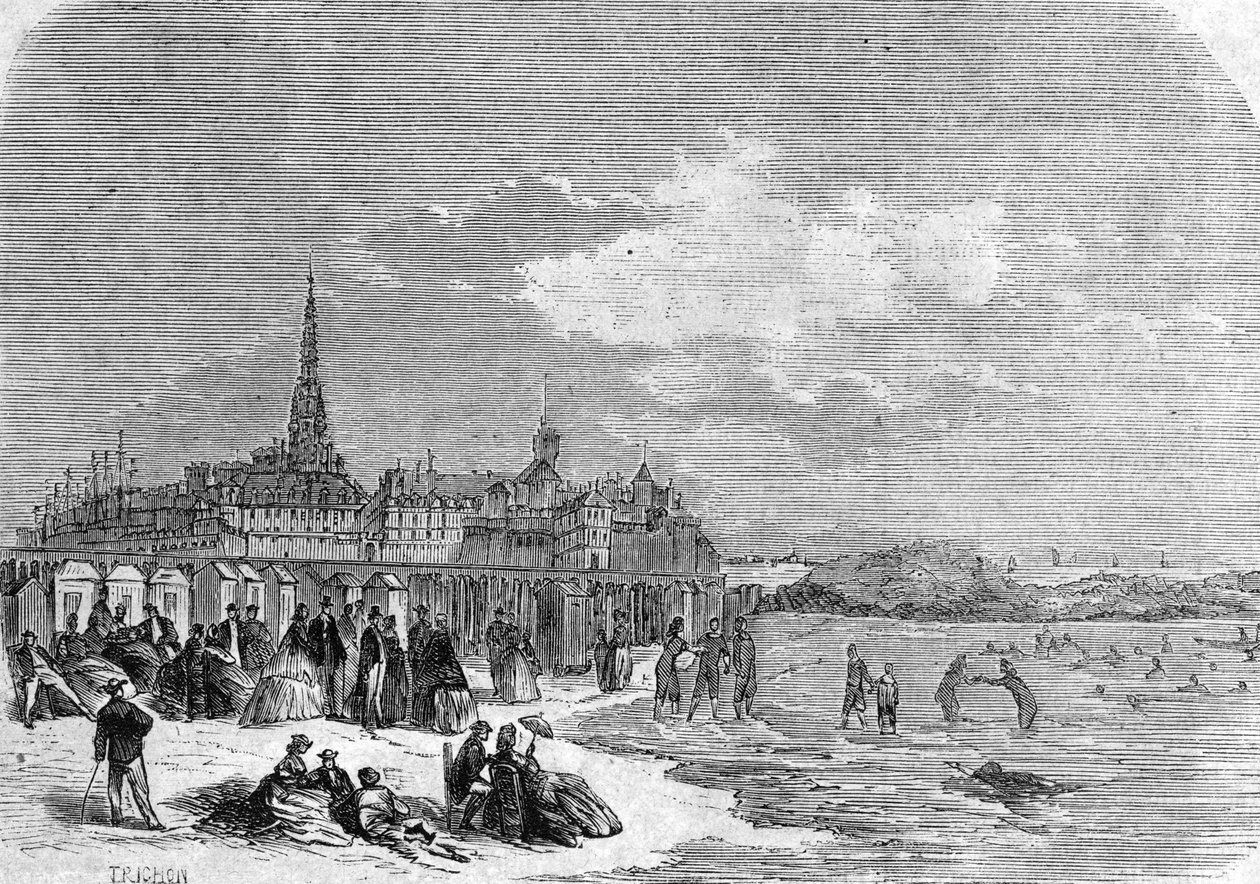 View of bathers on the beach of Saint Malo by . .