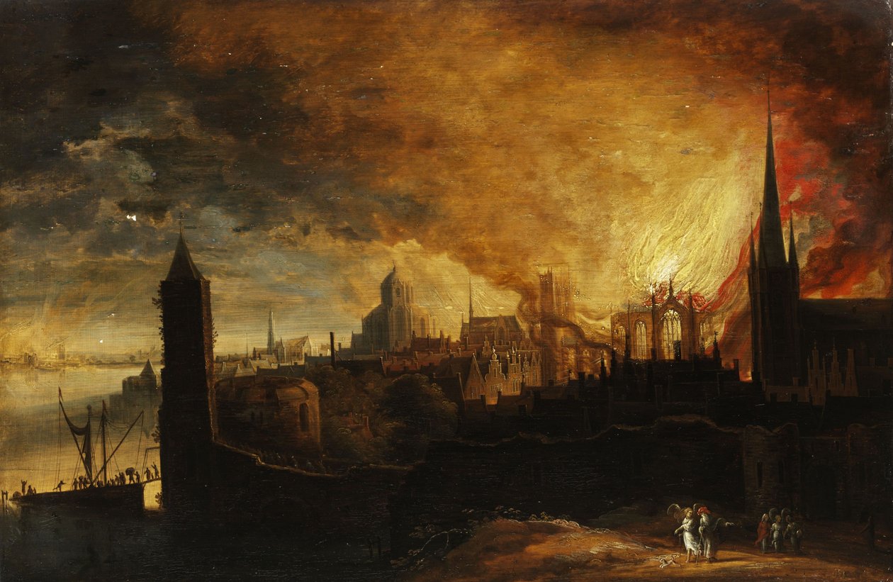 Burning City with Lot, the Angel and His Daughters by Anonymous
