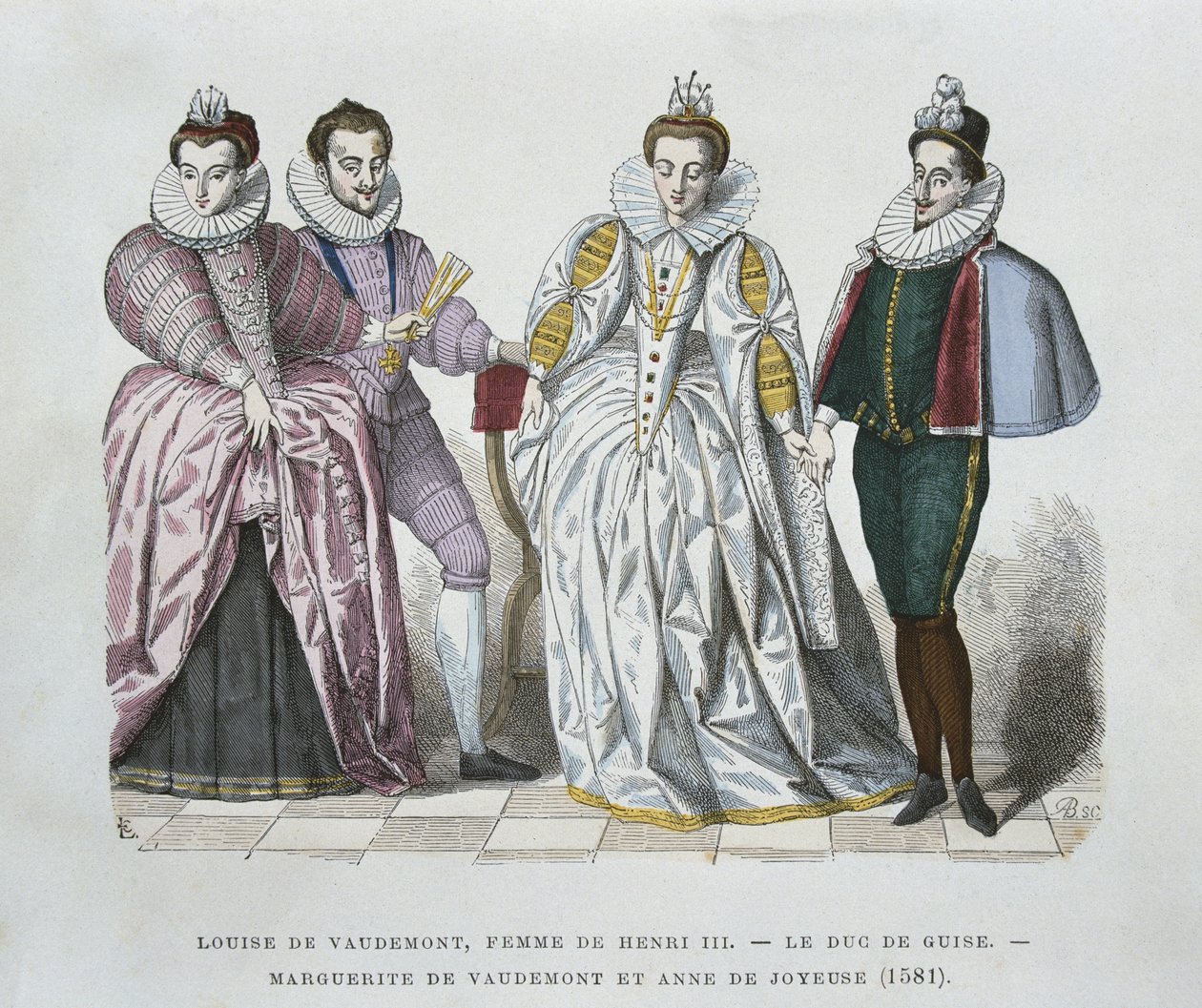 Louise of Lorraine-Vaudemont, wife of Henri III, Duke of Guise, Marguerite of Vaudemont and Anne of Joyeuse by after Chevignard