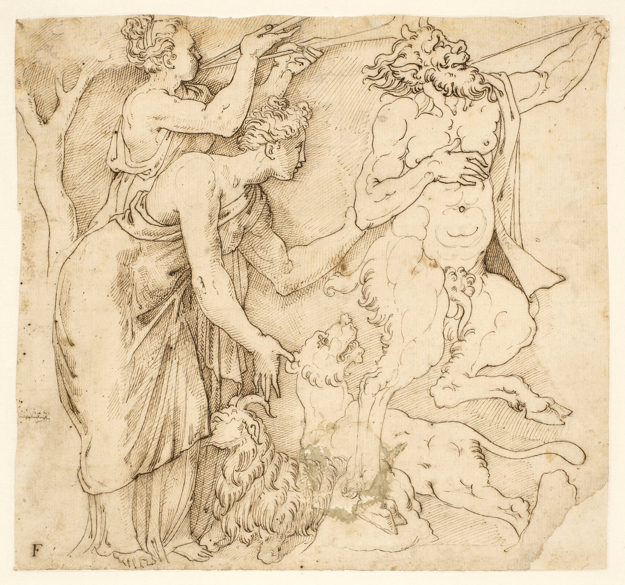 A Satyr, Two Women, a Lion and a Goat by after Giulio Romano