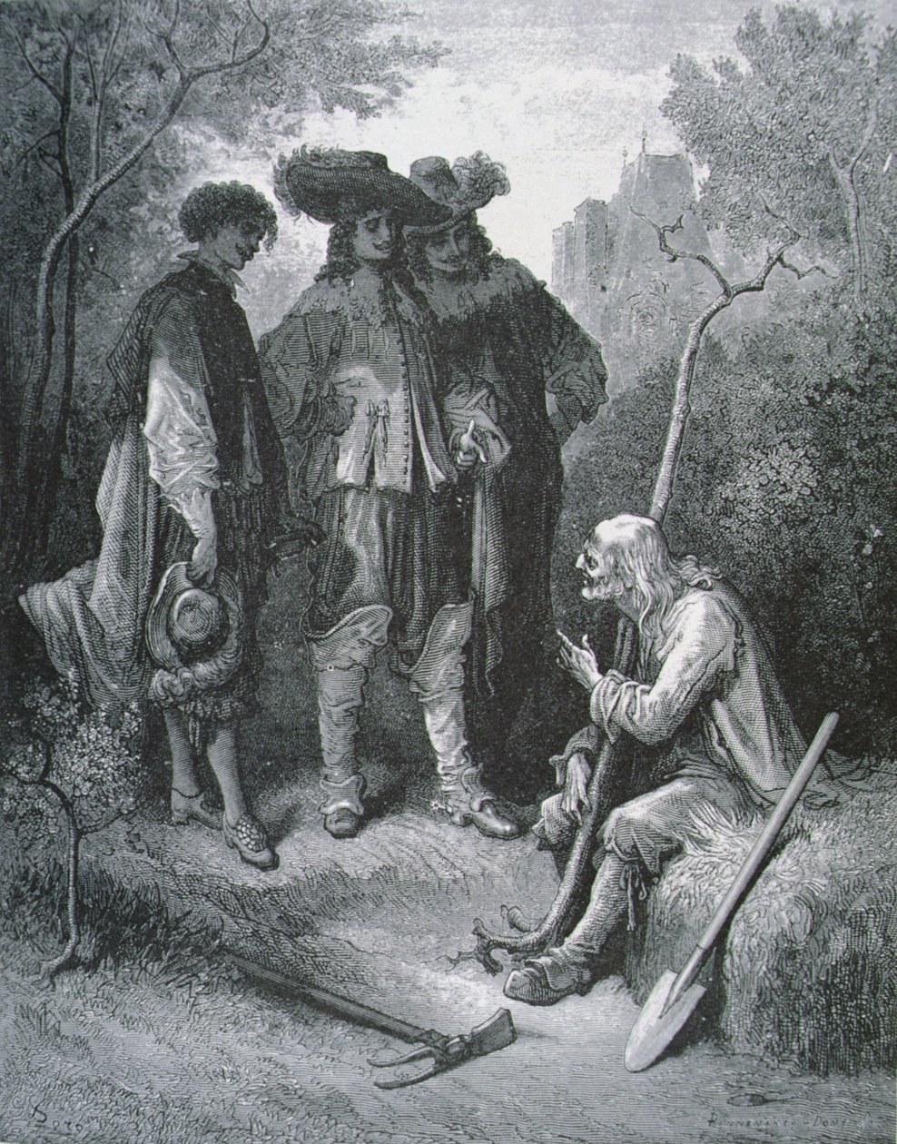 Illustration for The Old Man and the Three Young Men, from Fables by Jean de La Fontaine by Gustave after Dore