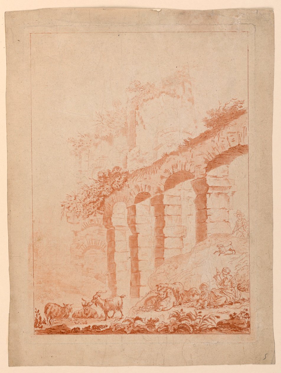 Goatherds in Landscape with Ruins by after Jean Baptiste Huet