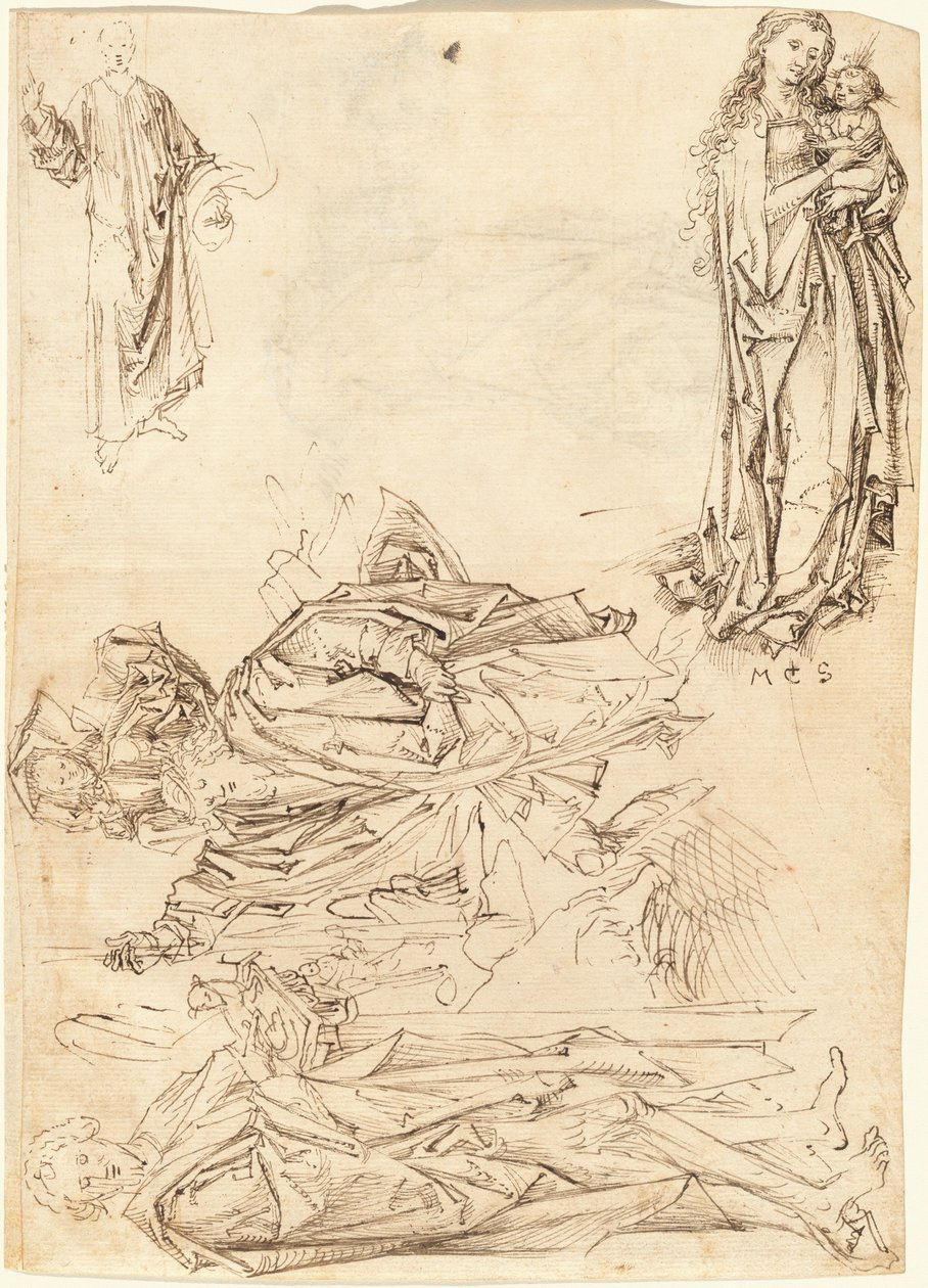 Saint Christopher, Saint John the Baptist, the Virgin and Child, and Christ Blessing by after Martin Schongauer Master of the Drapery Studies