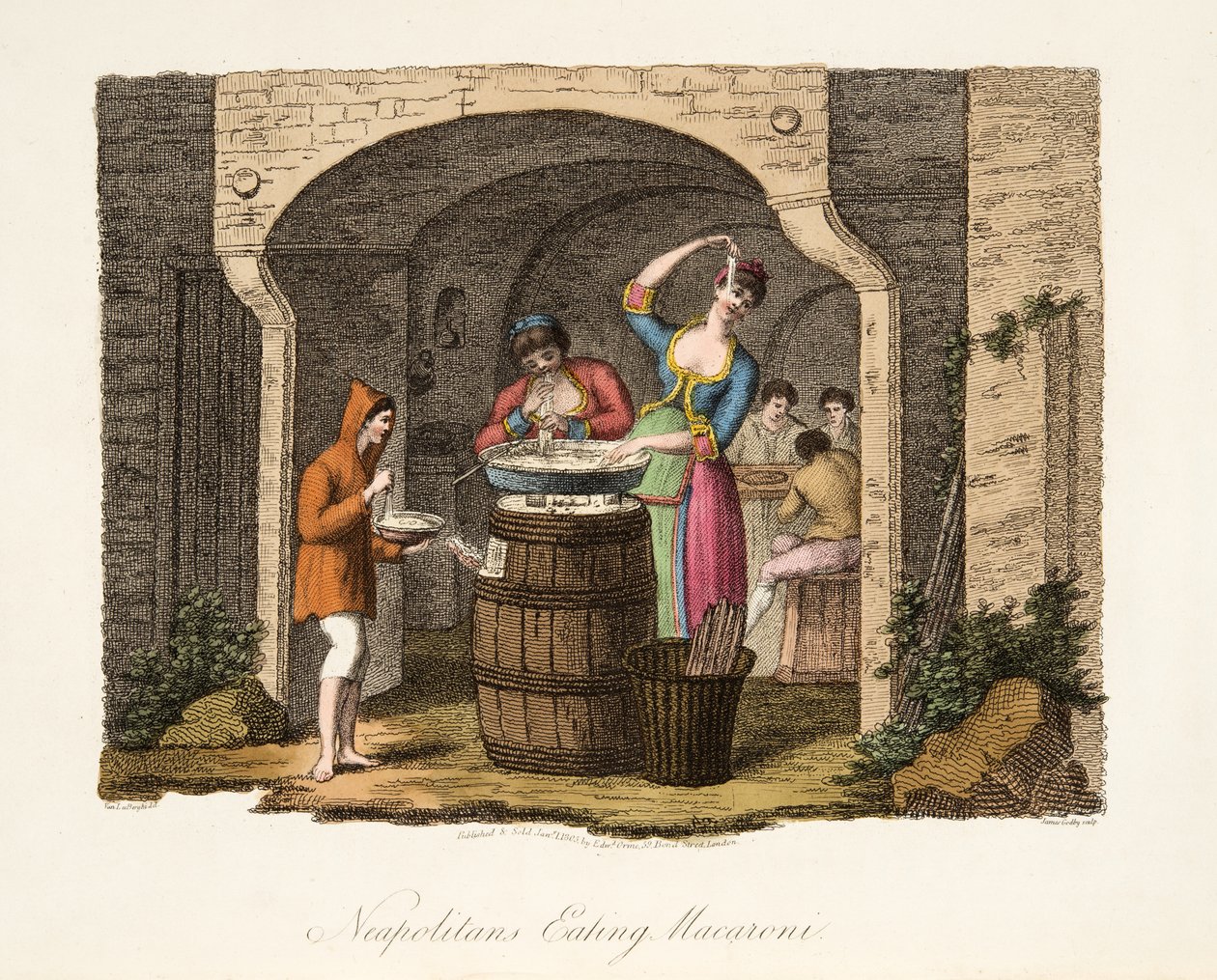Neapolitans Eating Macaroni, from Italian Scenery, representing the Manners, Customs and Amusements of the different States of Italy, pub. 1806 by after P. van Lerberghi