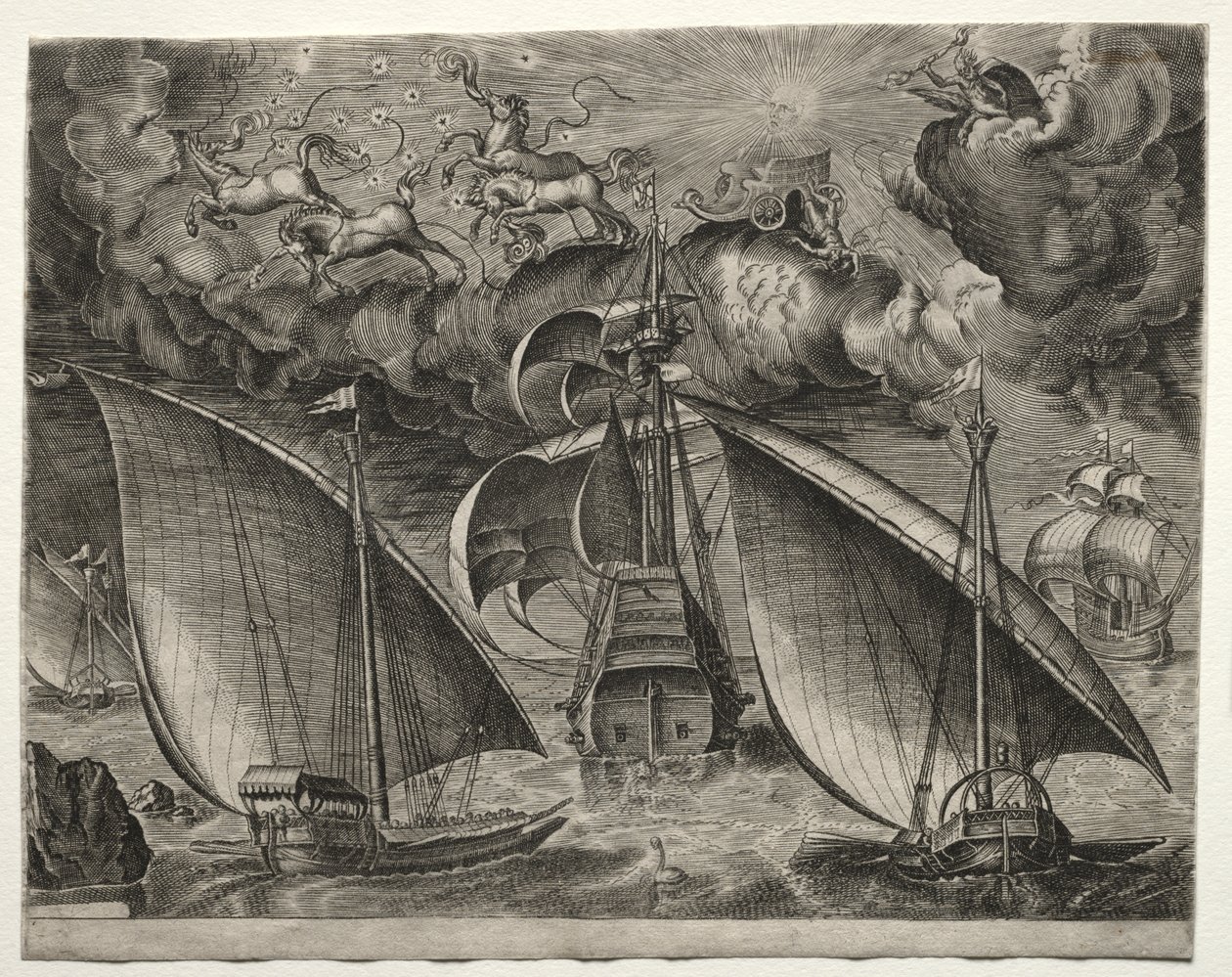 Sailing Vessels: Two Galleys Sailing Behind an Armed Three-Master with Phaeton and Jupiter in the Sky by after Pieter Bruegel
