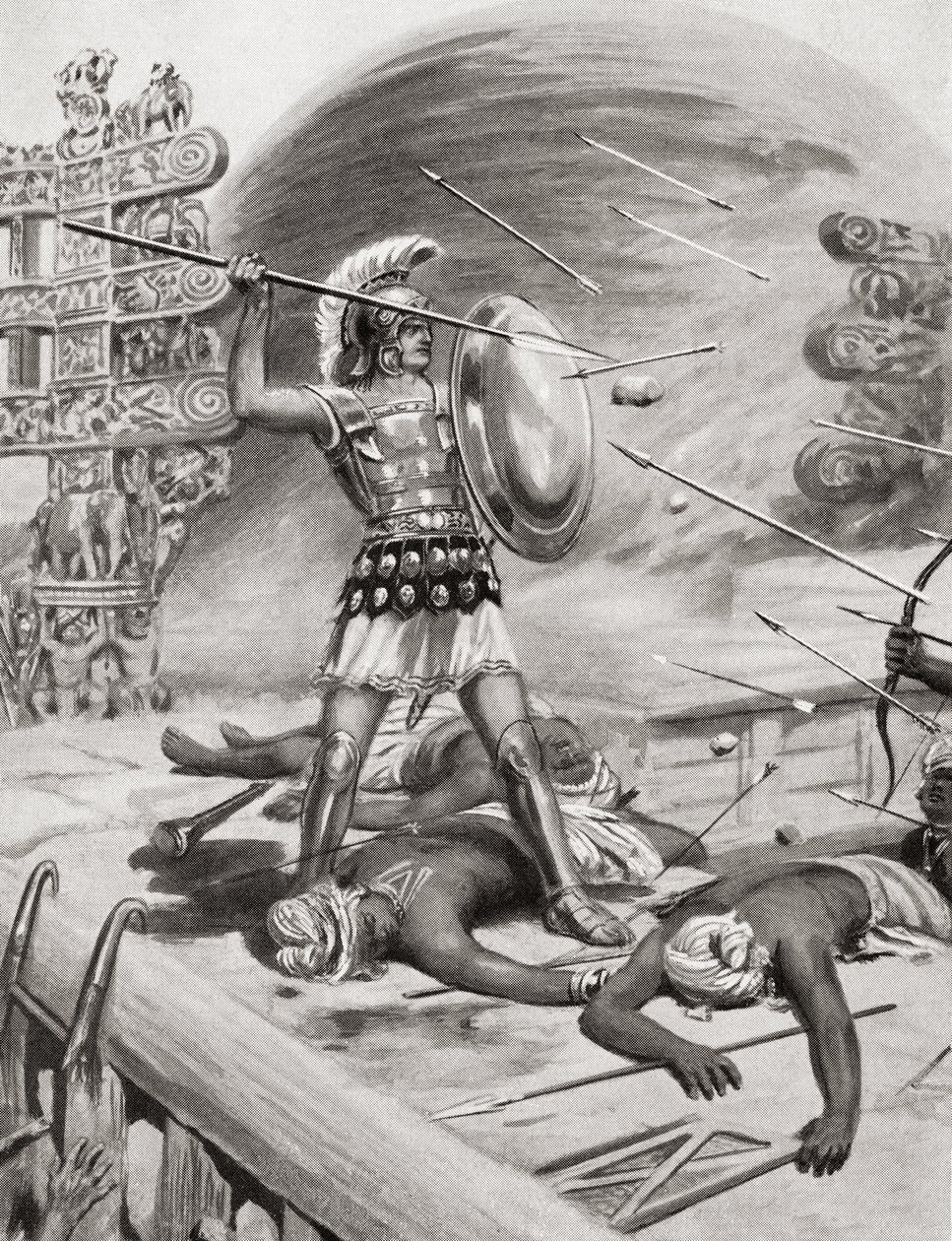 Alexander the Great fighting the Assacani at the fortified city of Massaga, India during his Indian Campaign in 326BC, from Hutchinson