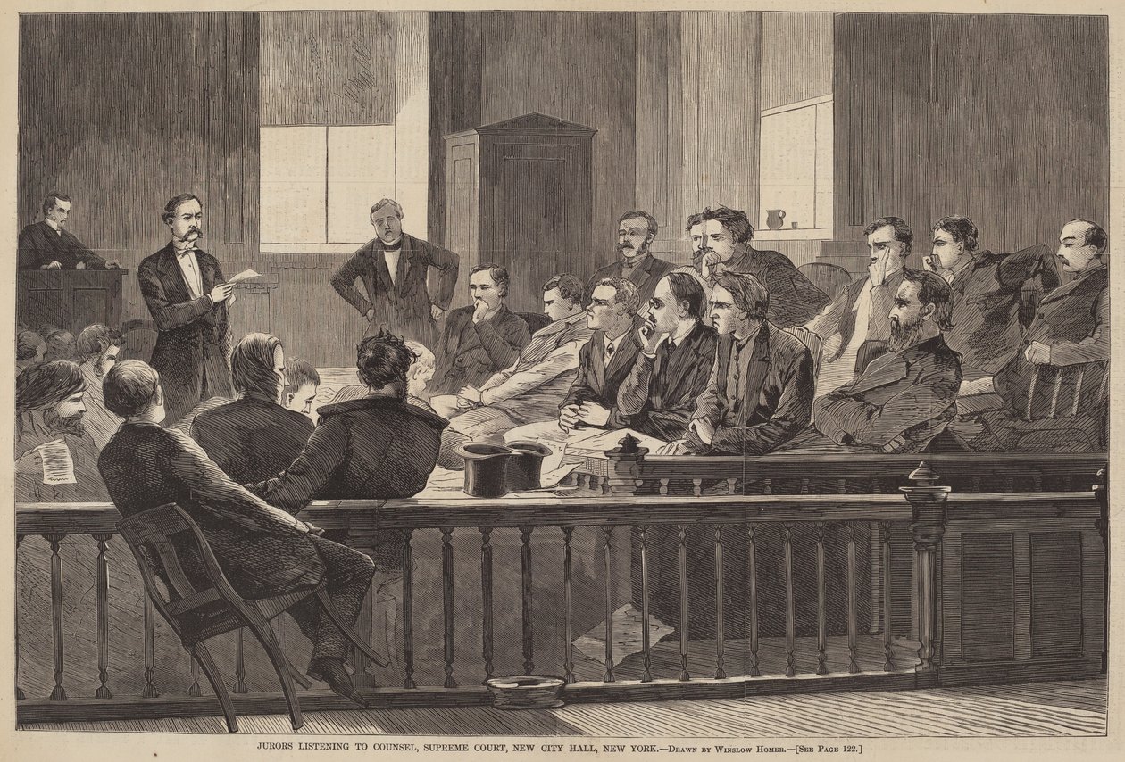 Jurors Listening to Counsel, Supreme Court, New City Hall, New York by after Winslow Homer
