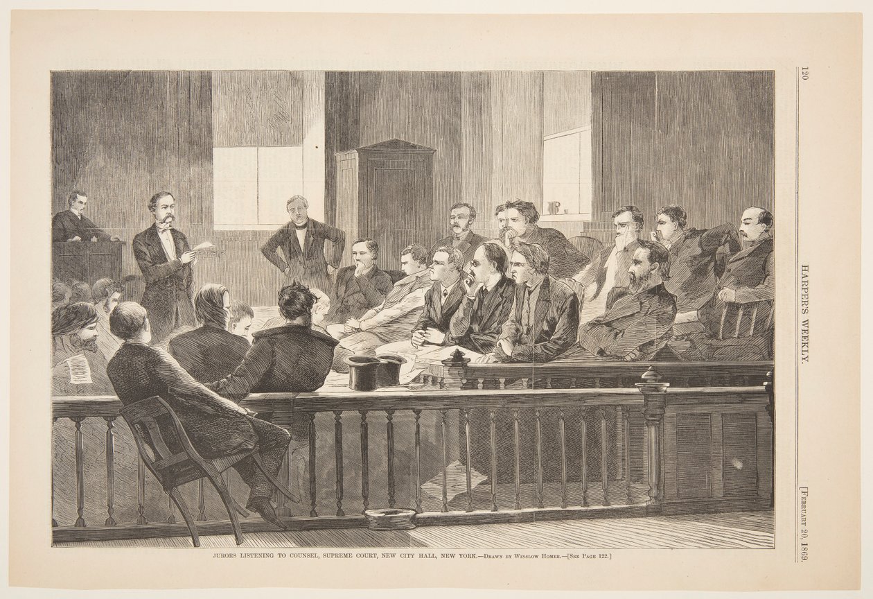 Jurors Listening to Counsel, Supreme Court, New City Hall, New York by after Winslow Homer