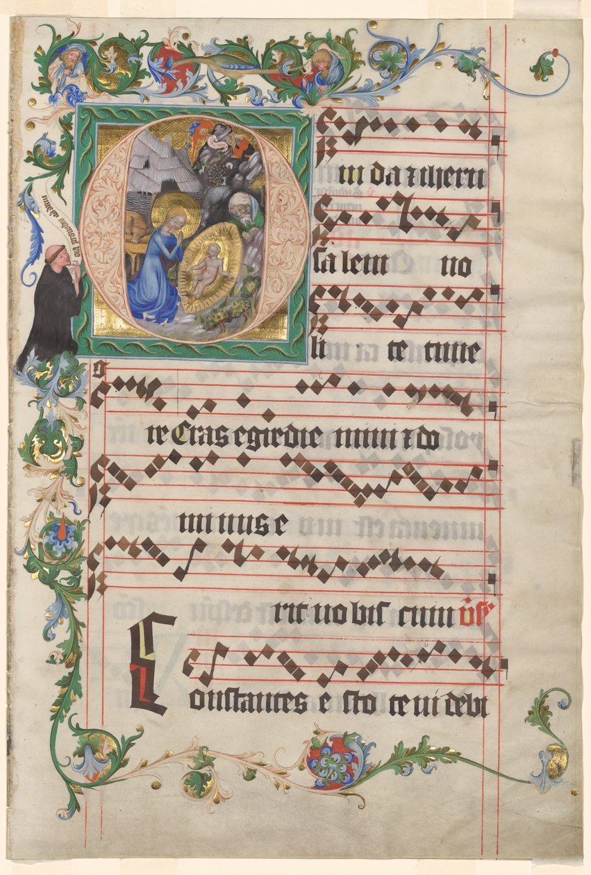 Bifolio from an Antiphonary: Historiated Initial O with the Nativity by after a work attributed to Zhou Wenju