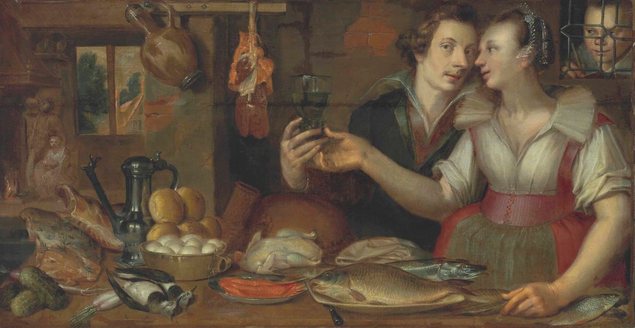 A Kitchen Interior with a Maid and a Young Man by anonymous 