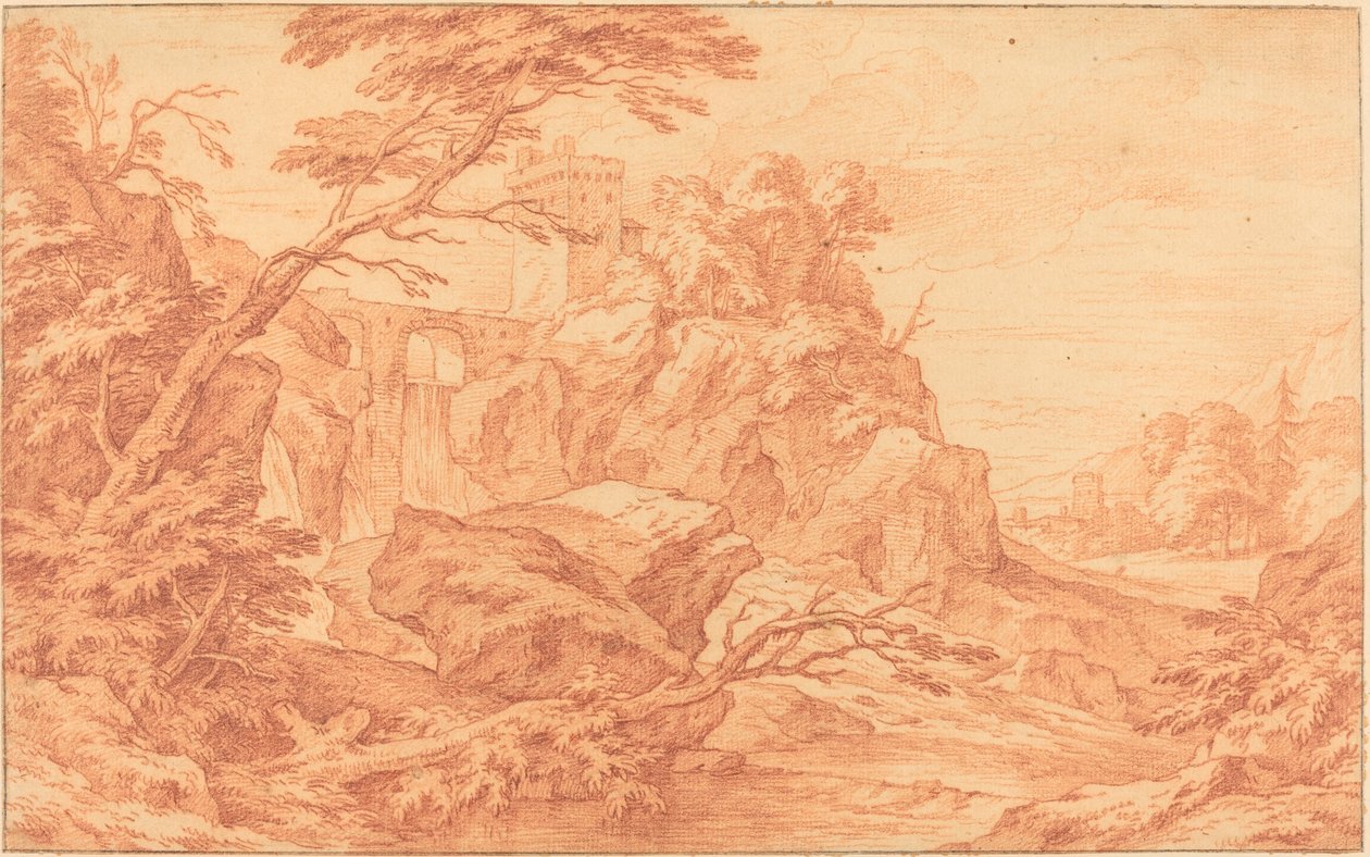 A Rocky Landscape with a Stone Tower and a Waterfall by attributed to Adriaen Frans Boudewyns