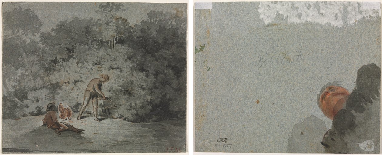 Faggot Gatherer (recto) Study of a Head seen from Below (verso) by attributed to Francisque Millet