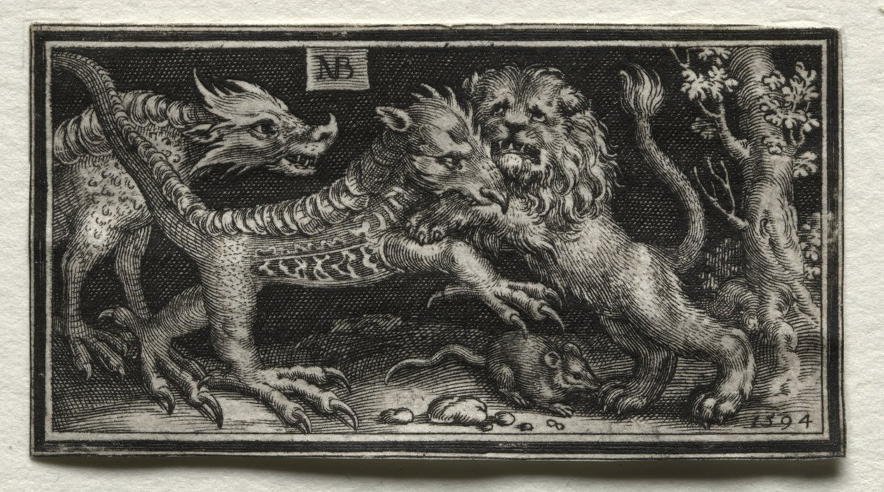 Lion Fighting Two Beasts by attributed to Tobias Stimmer