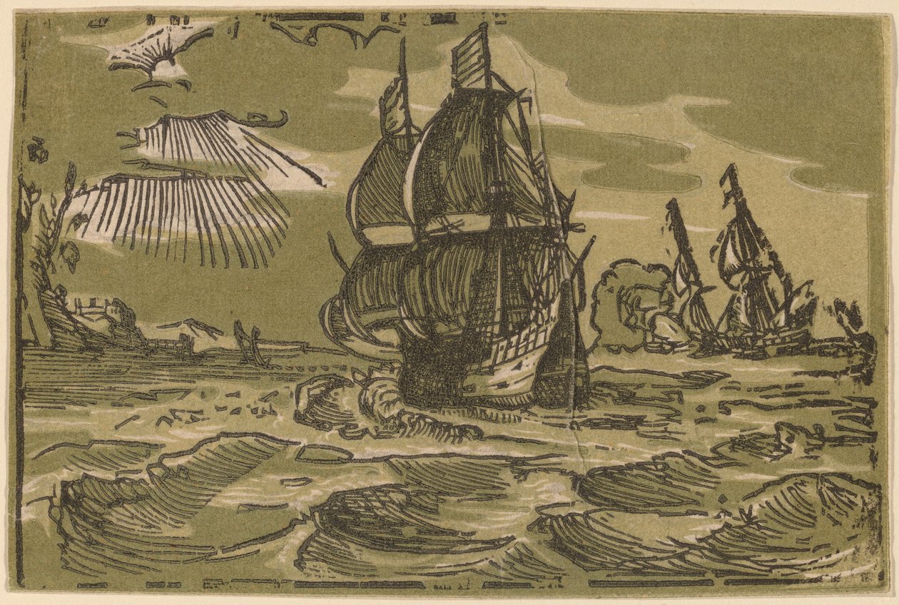 Two Three-Master Ships off a Coastline by attributed to workshop of Willem Jansz. Blaeu