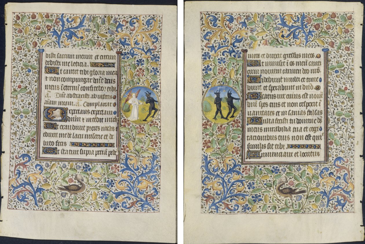 Leaf from a Book of Hours: Angel Chasing a Devil (recto) and Two Devils (verso) by circle of Coëtivy Master