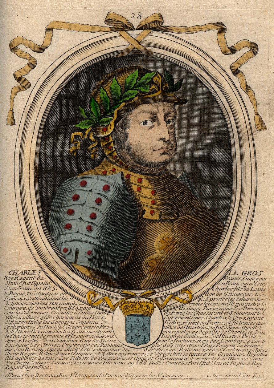 Carolingian Dynasty: Portrait of Charles III Le Gros (839-888) King of the Franks - Charles III the Fat - engraving from 