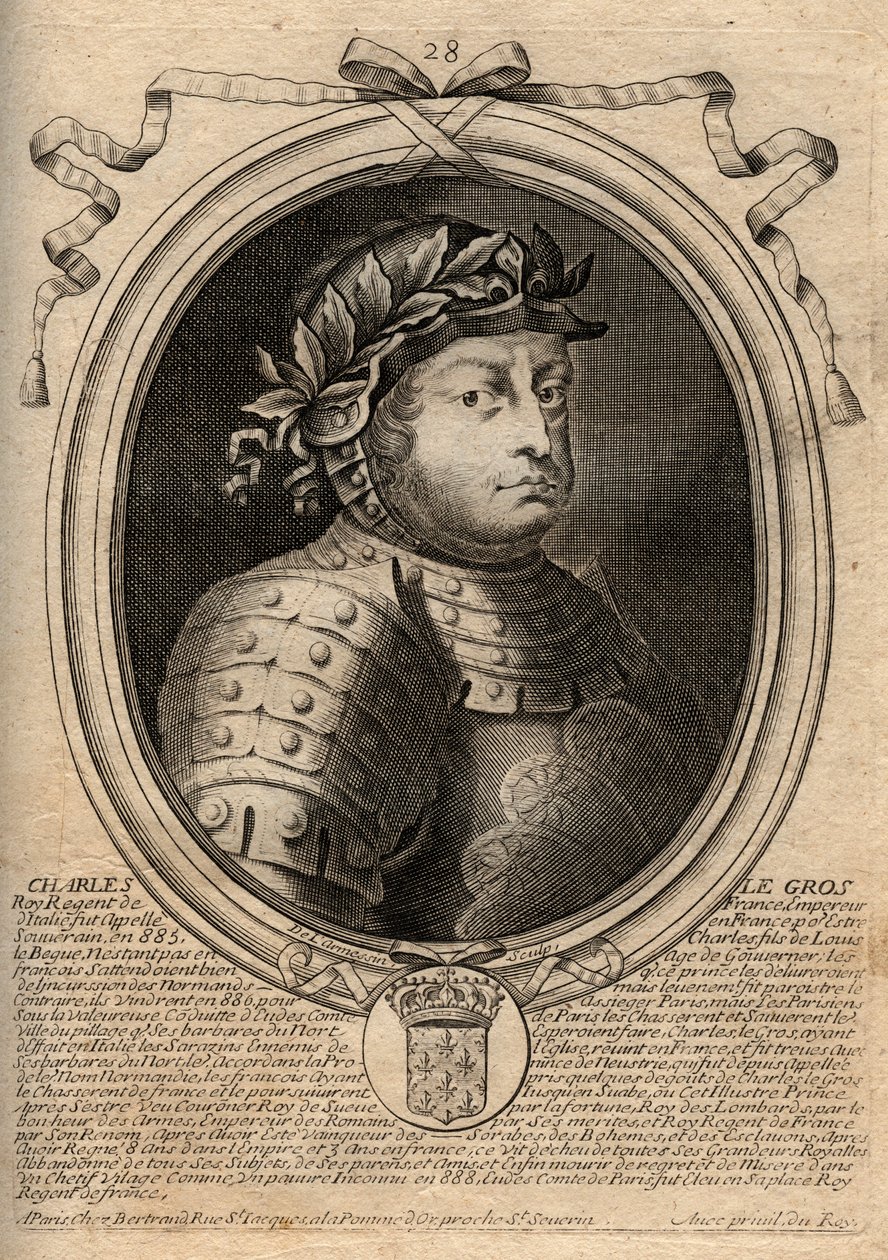 Carolingian Dynasty: Portrait of Charles III Le Gros (839-888) King of the Franks - Charles III the Fat - engraving from 