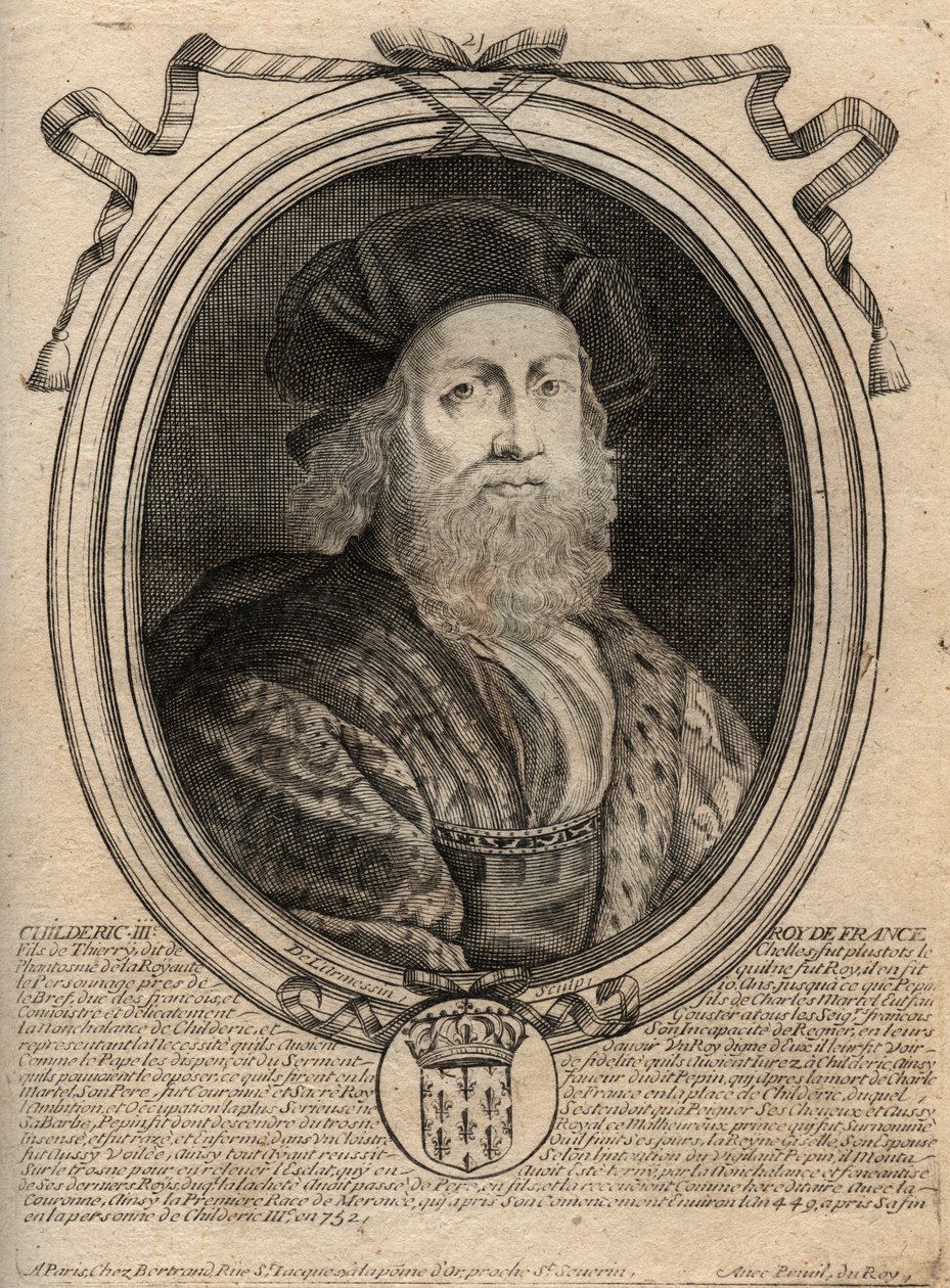 Dynasty of the Merovingians: Portrait of Childeric III (714-755) King of the Franks - Engraving from 