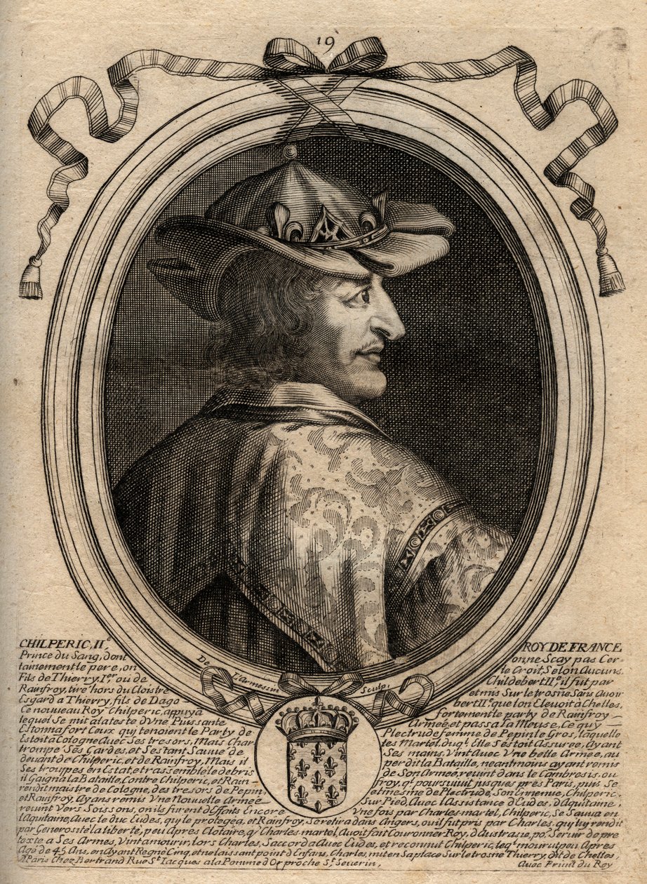 Portrait of Chilperic II (c. 670 - 721), King of Neustria - Chilperic II King of the Franks - Engraving from 
