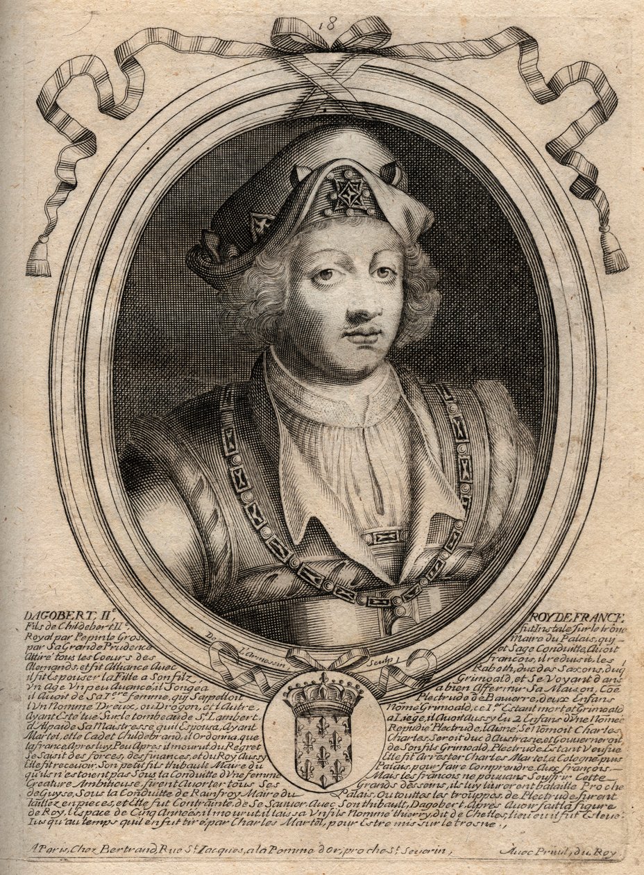 Portrait of Dagobert II, King of the Franks from 711 to 716 - Dagobert II (676-679), King of Austrasia - Engraving from 