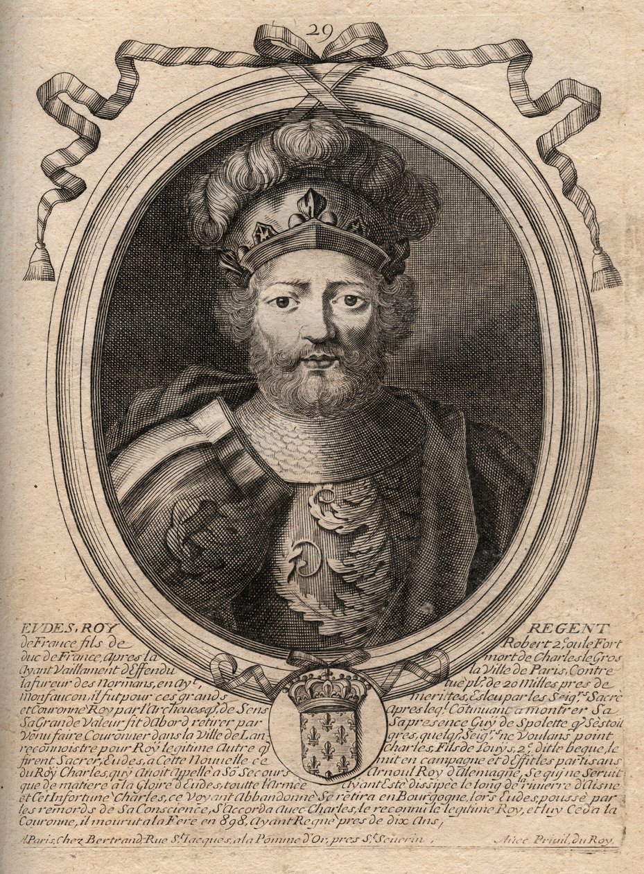 Portrait of Eudes (Odon) (v. 860 - 898), Count of Paris and Troyes, then King of France - EUDES count of Paris elected to French throne after the deposition of Charles the Emperor - engraving from 