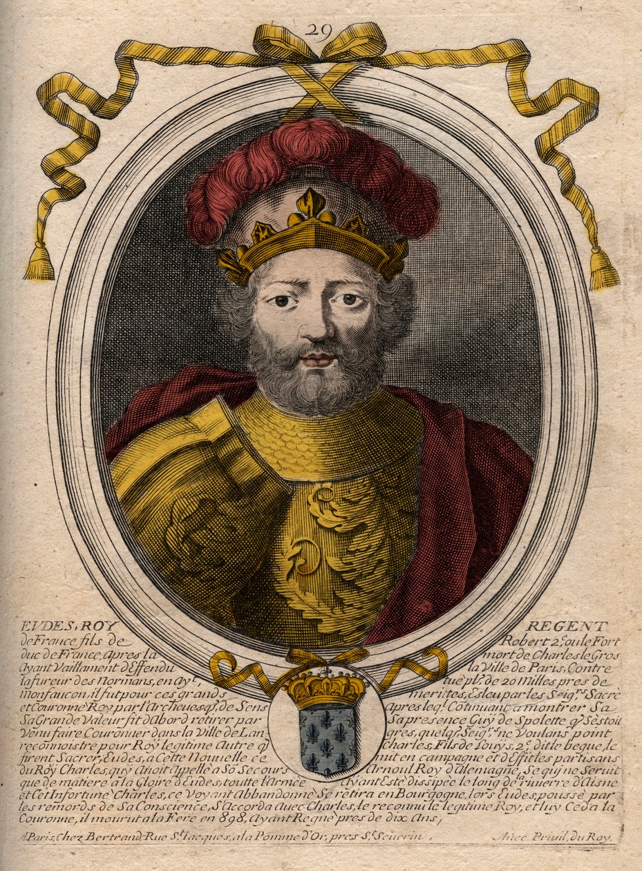 Portrait of Eudes, Count of Paris and Troyes, then King of France - Eudes, Count of Paris elected to French throne after the deposition of Charles the Emperor - engraving from 