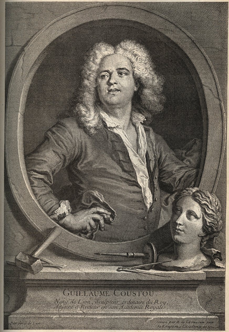 Portrait of Guillaume Coustou, French sculptor - engraving by Larmessin after J. de Lien by de Larmessin