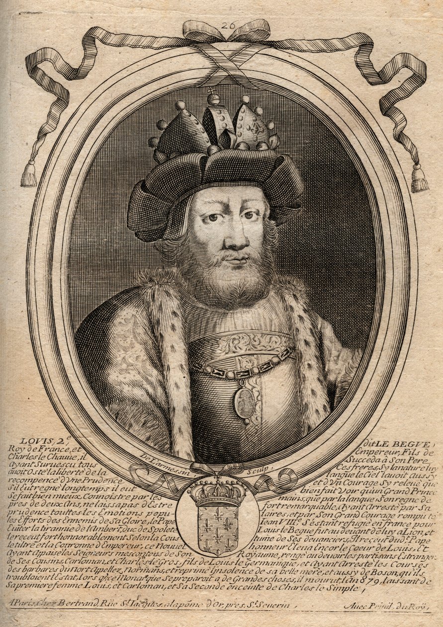 Portrait of Louis II the Begue or the Faineant (846 - 879), King of Francs - Louis II The Stammerer 848 to 879 - engraving from 