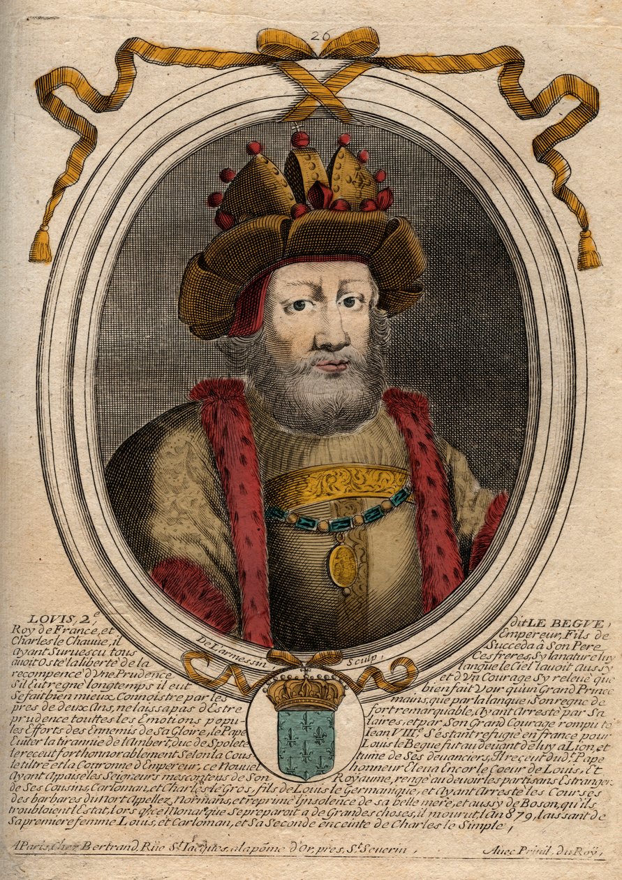 Portrait of Louis II the Stammerer, King of the Franks. Engraving from 