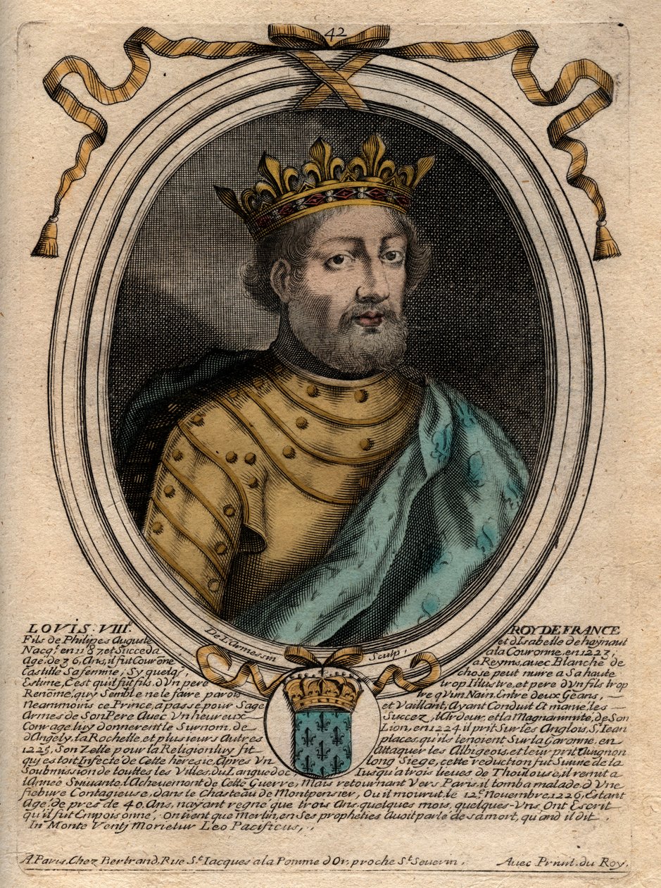 Portrait of Louis VIII, King of France - Louis VIII King of France - Engraving from Les Augustes Representations de tous les Kings de France depuis Pharamond à la LouisXIV, Paris by de Larmessin