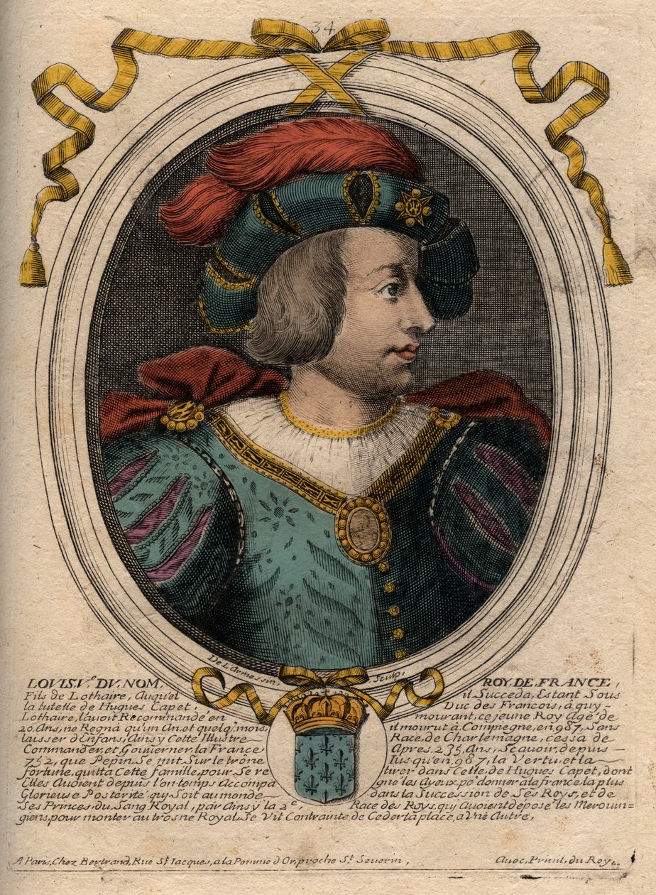 Portrait of Louis V the Indolent (967-987), King of France - engraving from 