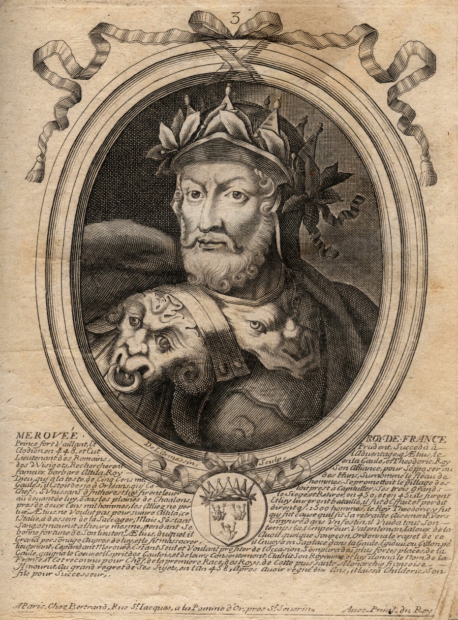 Portrait of Merovee or Merovech (d. 456) King of the Salian Franks - Portrait of Merovech (Meroveus) (d.456) King of the Salian Franks - Engraving from 