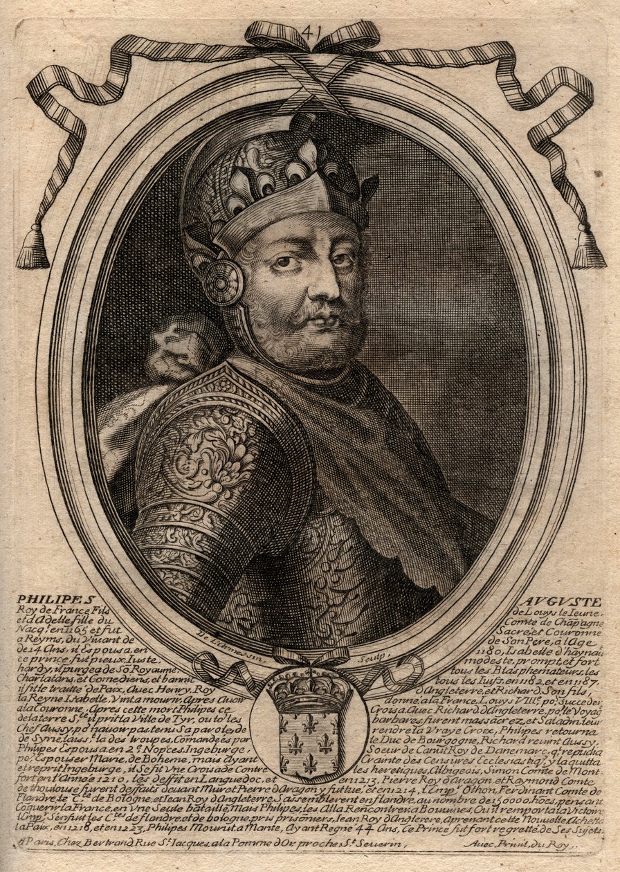 Portrait of Philip II dit Philippe Auguste (1165-1223) - Philip Augustus II (1165-1223) King of France - engraving from 