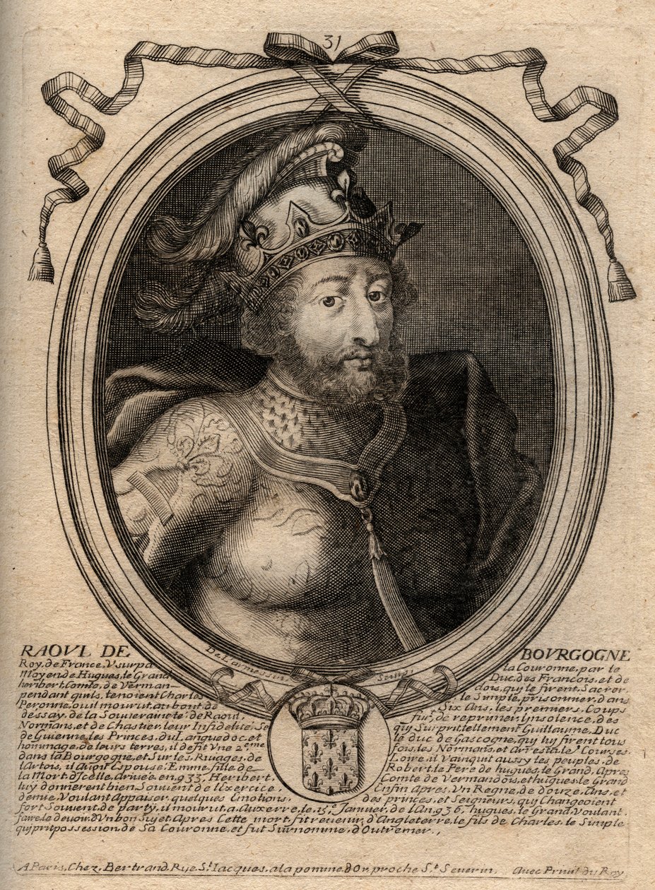 Portrait of Raoul of France (or Rodolphe, c. 890-936) King of the Franks - Rudolph (Raoul, Rodolphe) of Burgundy, King of France (923-936) - Engraving from 