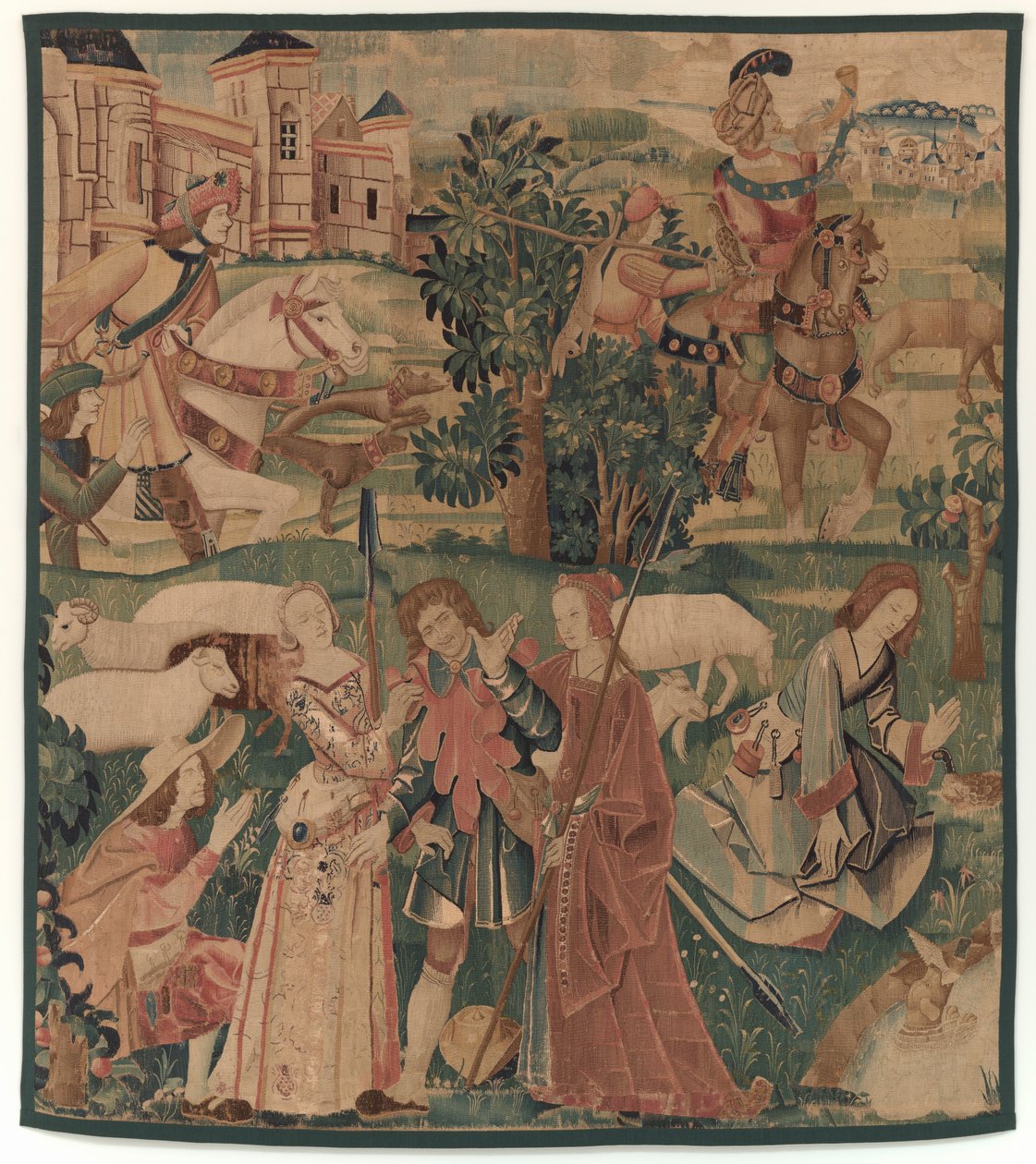 Hunting and Pastoral Scenes, with a laughing man between ladies by design probably French 16th Century, Paris; woven in southern Netherlands or Paris in an undetermine workshop