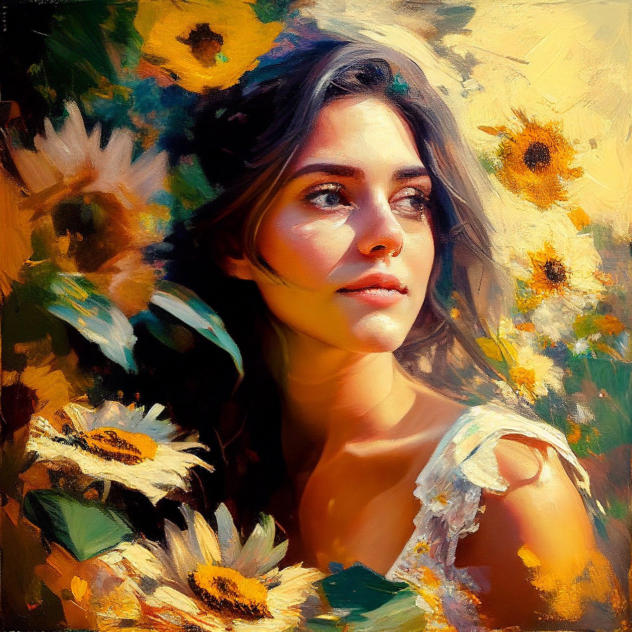 A beautiful girl in nature, surrounded by sunflowers by F. Abderrahim