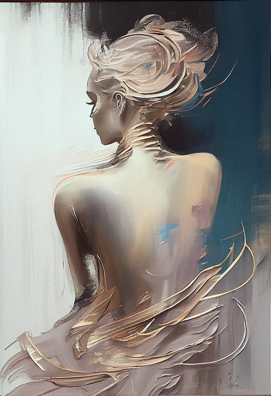 A clothed woman sitting viewed from behind, silhouette painting by F. Abderrahim